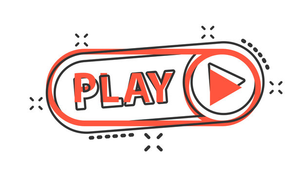 Vector cartoon play button icon in comic style. Play video sign illustration pictogram. Media panel business splash effect concept.