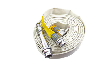 Fire extinguisher and fire hose reel inside the building on isolated a white background.