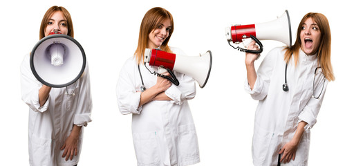 Set of Young doctor woman holding a megaphone