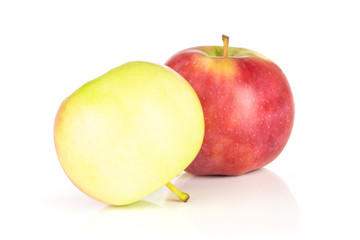 Group of two whole fresh red apple james grieve variety isolated on white background