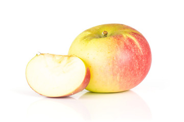 Group of one whole one slice of fresh red apple james grieve variety isolated on white background