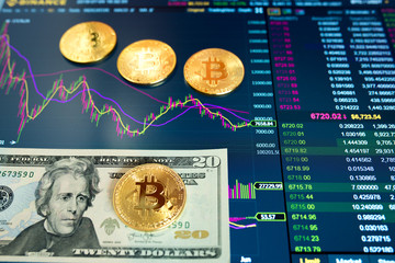 Paper bill twenty Dollar, USD, blurred background. The electronic schedule of bitcoin on the exchange, volume trades, on the monitor lie gold coins bitcoin.
