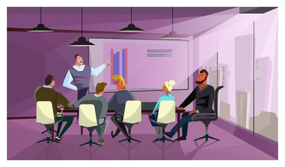 Business people discussing company finances vector illustration. Manager presenting report to colleagues in meeting room. Annual report concept