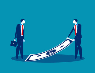 Manager rolling out dollar to new employee. Concept business vector illustration; Banknote and Money; Incentive; currency.