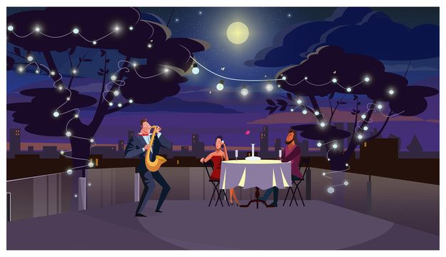 Couple At Romantic Dinner Vector Illustration. Lovers Sitting At Table And Listening To Saxophone Player. Romantic Date On Roof Concept