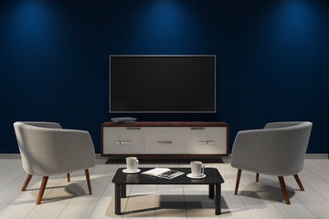 Modern dark interior with empty TV