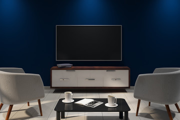 Contemporary dark interior with empty TV