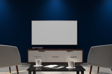 Modern dark interior with empty white TV