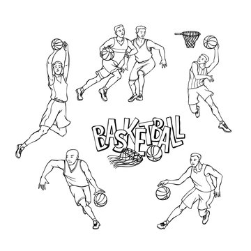 Vector set basketball players in sports uniform. Sportsmans motion with ball in different poses and race. Outline black white illustration and inscription painted letters