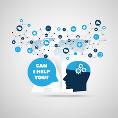 Can I Help You? - Global AI Assistance, Automated Support, Digital Aid, Deep Learning and Future Smart Technology Concept Design with Human Head - Vector Illustration