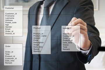 Double exposure of professional businessman system analysis design and drawing database table with...