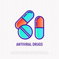 Antiviral drugs thin line icon: capsules and pill. Modern vector illustration of medical treatment.