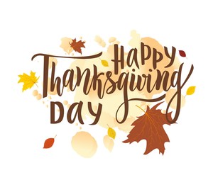 Happy thanksgiving day greeting lettering phrase. Modern calligraphy