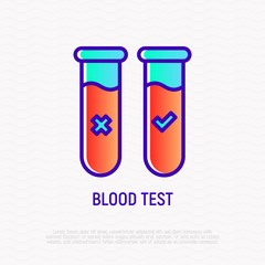 Blood test: two vials with blood, one is positive, other negative. Modern vector illustration of medical diagnostic.
