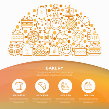 Bakery concept in half circle with thin line icons: toast bread, pancakes, flour, croissant, donut, pretzel, cookies, gingerbread man, cupcake, burger. Vector illustration, print media template.