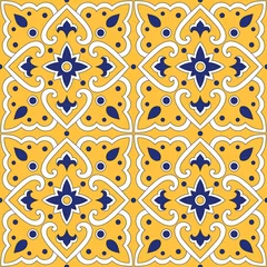 Tapeten Italian tile pattern vector seamless with yellow ornaments. Portuguese azulejo, mexican talavera, sicily majolica, spanish motif. Tiled background for kitchen mosaic wall or bathroom ceramic floor. © irinelle