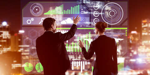 Concept of partnership and cooperation with people using virtual interface