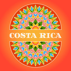 Costa Rica illustration vector. Traditional decorated pattern from coffee carreta ornament wheel for independence day card, travel banner or tourist resort flyer design.