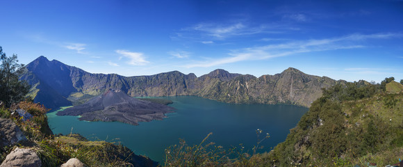 Naklejka na ściany i meble Mount Rinjani (3726m from sea level), Mount Barujari and Plawangan Sembalun in Lombok Island, Indonesia.
