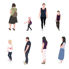 Set of Silhouette Walking People and Children. Vector Illustration.