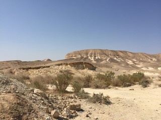 Rocky hills of the Negev desert. Panoramic landscape view of the Desert rock formation in the southern Israel.