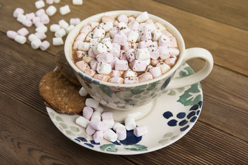 Fototapeta na wymiar Beautiful vintage cup of homemade hot chocolate or cocoa with marshmallows and oat cookies, wooden table. Warm sweet drink
