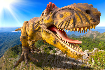 Fototapeta premium Scena renderowania 3D gigantycznego dinozaura Tyrannosaurus rex zniszczyć park.
