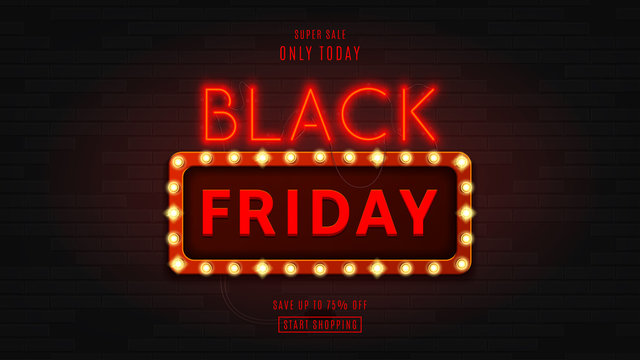 Web banner for black Friday sale. Modern neon red billboard with glowing banner on brick wall. Concept of advertising for seasonal offer with glowing lamps.