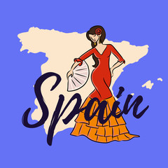 map of spain flat with flamenko dancing woman
