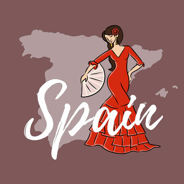 map of spain flat with flamenko dancing woman