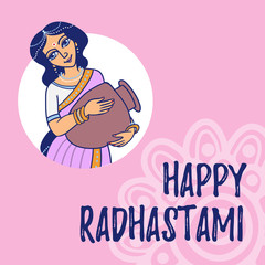 cartoon vector radhastami greeting card.  goddess Radha with pot in round frame