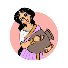 cartoon vector radhastami greeting card.  goddess Radha with pot in round frame