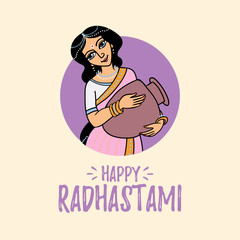 cartoon vector radhastami greeting card.  goddess Radha with pot in round frame