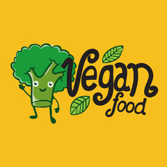 cartoon vector illustration broccoli logo vegan food lettering