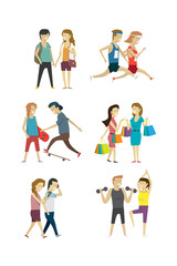Fototapeta premium Group lifestyle people man and women a diverse collection, Shopping runner and health. illustration vector