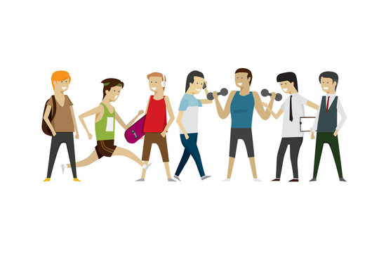 Group lifestyle people men a diverse collection flat style isolated background. illustration vector