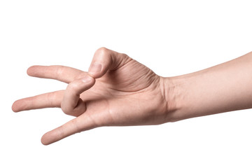 A hand showing a cartoon sign, isolated on white background © Yeti Studio