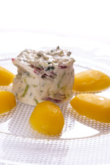 Hochformat Kartoffeln und Quark auf Teller