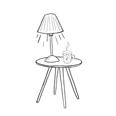 A tea mug on the table under lamplight outlined hand drawn vector