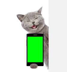 Happy cat with smartphone peeking behind white banner. Isolated on white background
