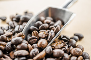 macro of coffee beans with metal scoop