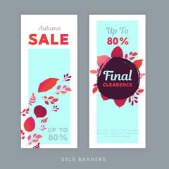 Autumn sale banners set with fall leaves vertical promotional design for shopping discount. Vector illustration.