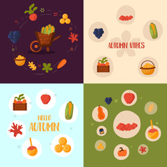 Autumn harvest banner, infographics design concept in Flat Style. Vector Illustration. Fall objects on circles