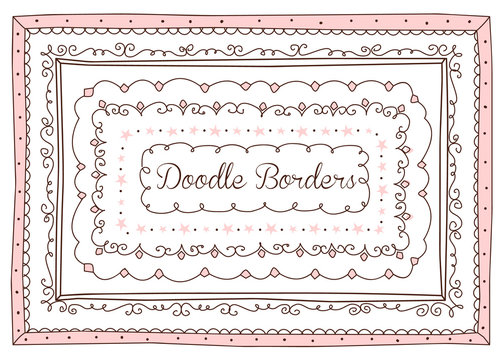 Vector set of cute doodle frames and borders. Hand drawn design element for little princess. Girlish sketch for sketchbook. Loop, stars, decorative ornament, pink picture template. Text contour box