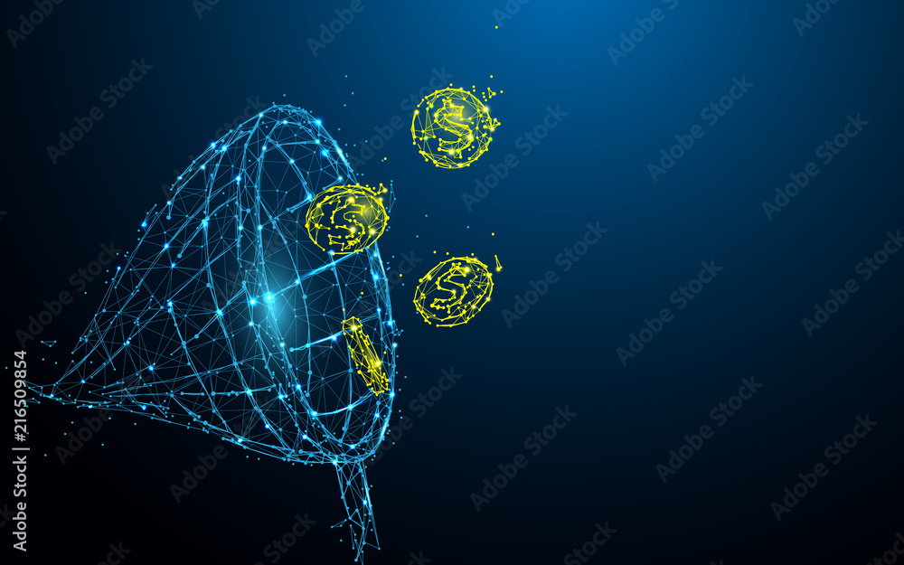 Poster net chasing money form lines, triangles and particle style design. illustration vector