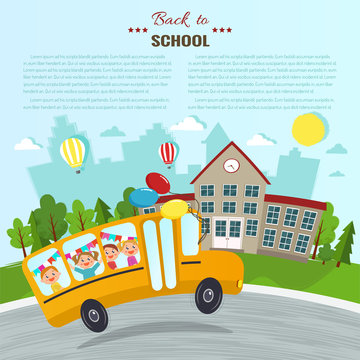 Welcome back to school vector illustration. School and school bus