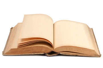 A vintage book is opened on a white background. Front view.