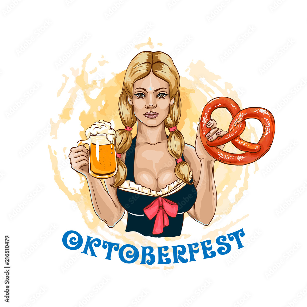 Wall mural Oktoberfest girl blonde with beer and pretzel. Hand drawn sketch. Vector illustration.