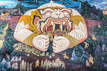 Naklejka premium Mural painting in the Emerald Buddha Temple, Bangkok, Thailand