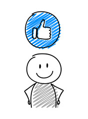 Stickman with smiley facial expression holiding thumb (social media) icon. Vector.